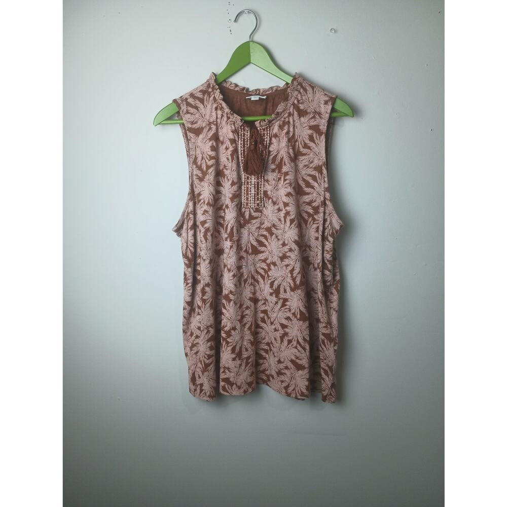 J.Jill Sleeveless Brown Tan Leaf Palm Print Blouse Split Neck Tie Detail XL